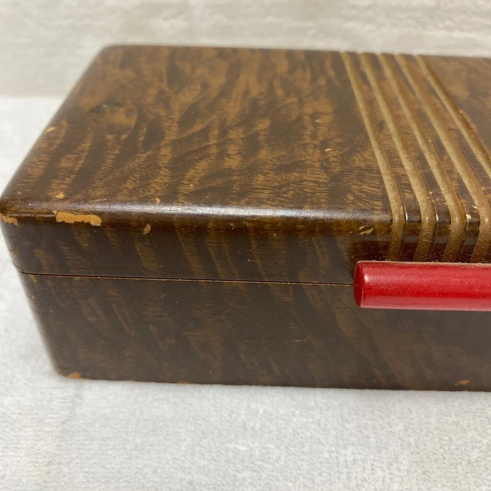 Vintage Bakelite Red Handle Wood Grain Jewelry Trinket Box Art‎ Deco Storage